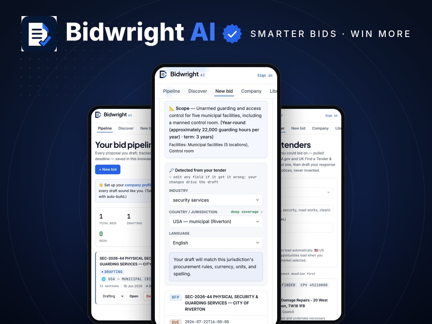 Bidwright on a phone — the bid pipeline, an extracted compliance checklist with detected jurisdiction, and the new-bid input