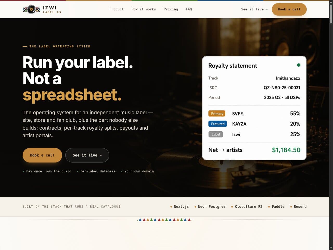 Izwi Label OS — run your label, not a spreadsheet: a royalty statement showing each artist's split and the net paid out
